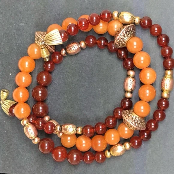 🔴SOLD🔴Graduating Antique Gold Garnet Orange Aventurine Boho Necklace by JM - Picture 10 of 11